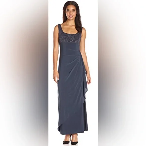 Alex Evenings Long Side Ruched Glitter Jacquard Knit Jersey Gown Size 6 NWT - Picture 1 of 16